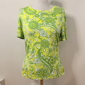 St. John Paisley Mandala T-shirt Top Chartreuse Green S EUC Resortwear Retro 70s